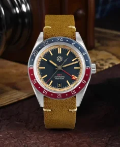 San Martin SN0116-G-V6 Dark Blue Dial with Blue and Red Bezel Leather Strap