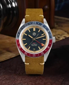 San Martin SN0116-G-V6 Dark Blue Dial with Blue and Red Bezel Leather Strap