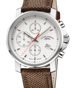 Mühle Glashütte 29er Chronograph in white with coffee-brown canvas strap