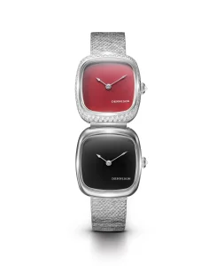 Dennison Dual Time Mini Red Jasper Diamonds & Black Onyx In Steel