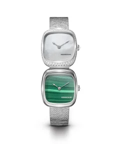 Dennison Dual Time Mini White MOP Diamonds & Malachite In Steel