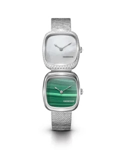 Dennison Dual Time Mini White MOP Diamonds & Malachite In Steel