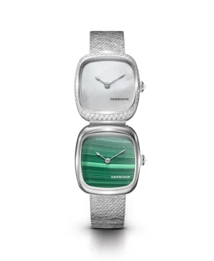 Dennison Dual Time Mini White MOP Diamonds & Malachite In Steel