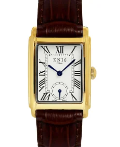 KNIS Kyoto Classic Rectangular Gold Crocodile Embossed Leather Brown KN004-GDBRC