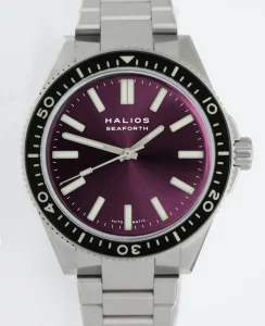 HALIOS SEAFORTH IV Sunburst Plum Rotating Bezel Elapsed Time Titanium Titanium Bracelet + Rubber Strap