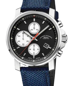 Mühle Glashütte 29er Chronograph in black with nautic blue canvas strap