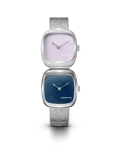 Dennison Dual Time Mini Pink Malaysian Jade Diamonds & Aventurine In Steel