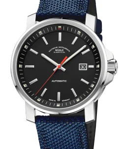 Mühle Glashütte 29er Big in black with nautic blue canvas strap