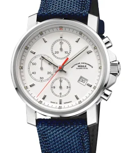 Mühle Glashütte 29er Chronograph in white with nautic blue canvas strap