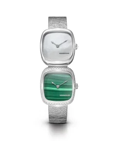 Dennison Dual Time Mini White MOP In Steel & Malachite Diamonds