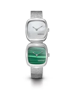 Dennison Dual Time Mini White MOP In Steel & Malachite Diamonds