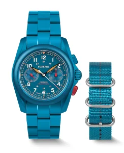 Boderry VOYAGER Chronograph Titanium Mechanical Field Watch, 100M Water Resistant Cerulean Blue/Bracelet