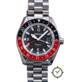 Borealis Estoril 300 GMT Black Dial Arabic Numbers Black Red Bezel Date Version K