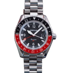 Borealis Estoril 300 GMT Black Dial Arabic Numbers Black Red Bezel Date Version K
