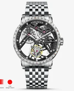 Agelocer Original Skeleton Free-sprung Balance Flying Tourbillon Mechanical Steel-Zircon Version