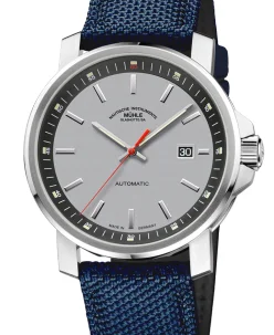 Mühle Glashütte 29er Big in silver-grey with nautic blue canvas strap