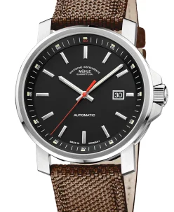 Mühle Glashütte 29er Big in black with coffee-brown canvas strap