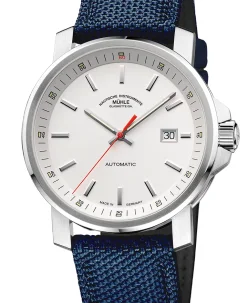 Mühle Glashütte 29er Big in white with nautic blue canvas strap