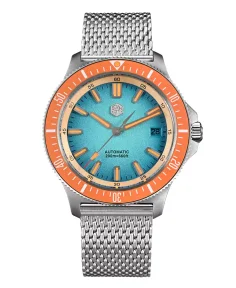 San Martin SN0118-G Gradient Light Blue Dial With Orange Bezel Insert Mesh Bracelet