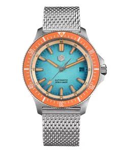 San Martin SN0118-G Gradient Light Blue Dial With Orange Bezel Insert Mesh Bracelet