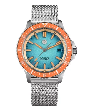 San Martin SN0118-G Gradient Light Blue Dial With Orange Bezel Insert Mesh Bracelet