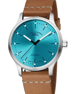 Mühle Glashütte Panova Turquoise Blue with lightbrown leather strap