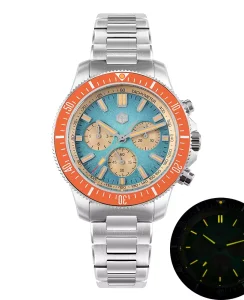 San Martin SN0118-JS Gradient Light Blue Dial With Orange Bezel Insert Stainless Steel Bracelet