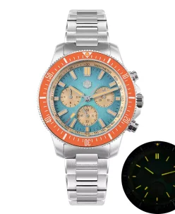 San Martin SN0118-JS Gradient Light Blue Dial With Orange Bezel Insert Stainless Steel Bracelet