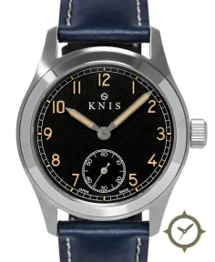 KNIS Kyoto Retro Military Watch - Black Dial with Navy Leather Strap KN003-BKNVLE