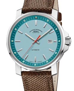 Mühle Glashütte 29er Big in south sea-blue with coffee-brown canvas strap