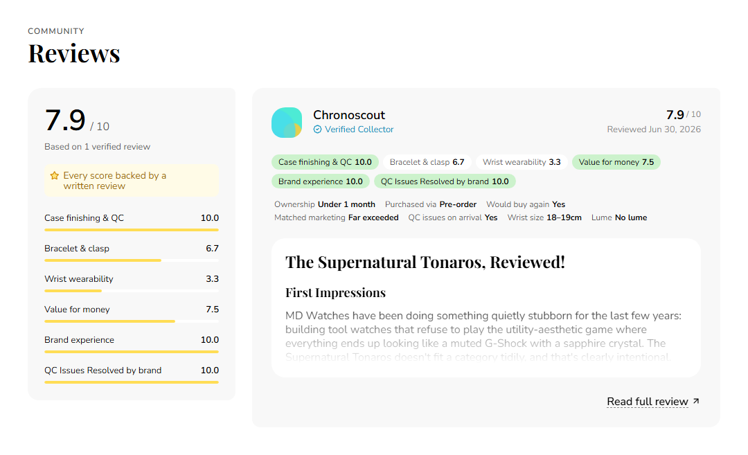 Chronoscout watch reviews on a watch page